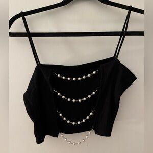 Emma & Sam Black Crop Top with Pearl Details